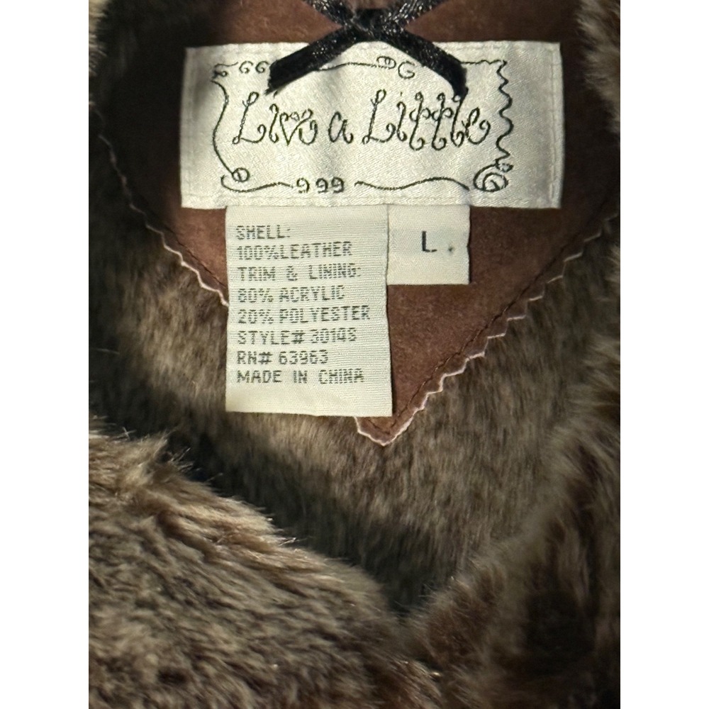 Live a Little Brown Leather Vest with Faux Fur Trim Women's L Boho - Picture 3 of 4